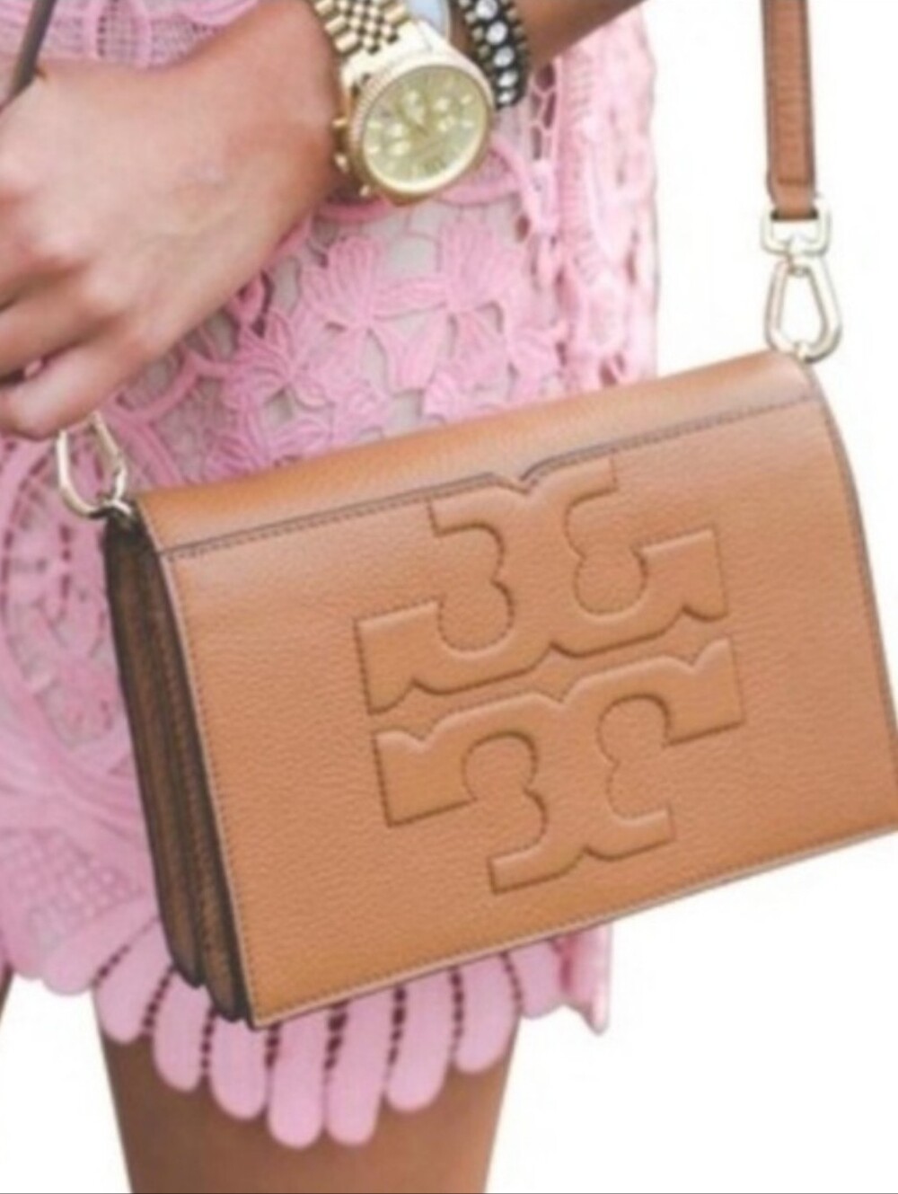Tory Burch Cognac Bombe-T Leather Crossbody Bag with Embossed Logo